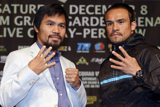 Manny Pacquiao (left) will fight Juan Manuel Marquez for a fourth time at the MGM in Las Vegas tonight