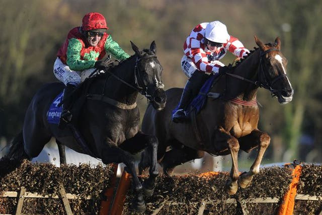 Taquin Du Seuil (left), ridden by Tony McCoy, clears the last flght upsides Le Bec (Dougie Costello) to win the Grade Two Winter Novice Hurdle at Sandown yesterday