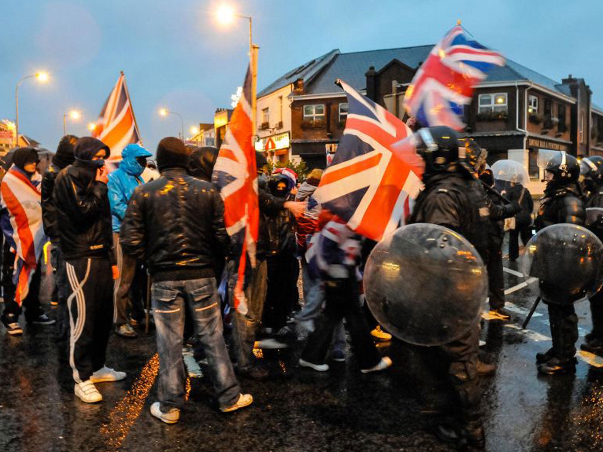 Loyalists in Glengormley protest against the Union Flag being removed from Belfast city hall