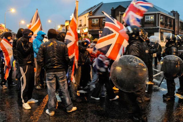 Loyalists in Glengormley protest against the Union Flag being removed from Belfast city hall