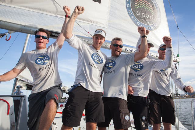 Ian Williams (second from left) celebrates with his Team GAC Pindar after securing in Malaysia his record-equalling fourth win in the World Match Racing Tour