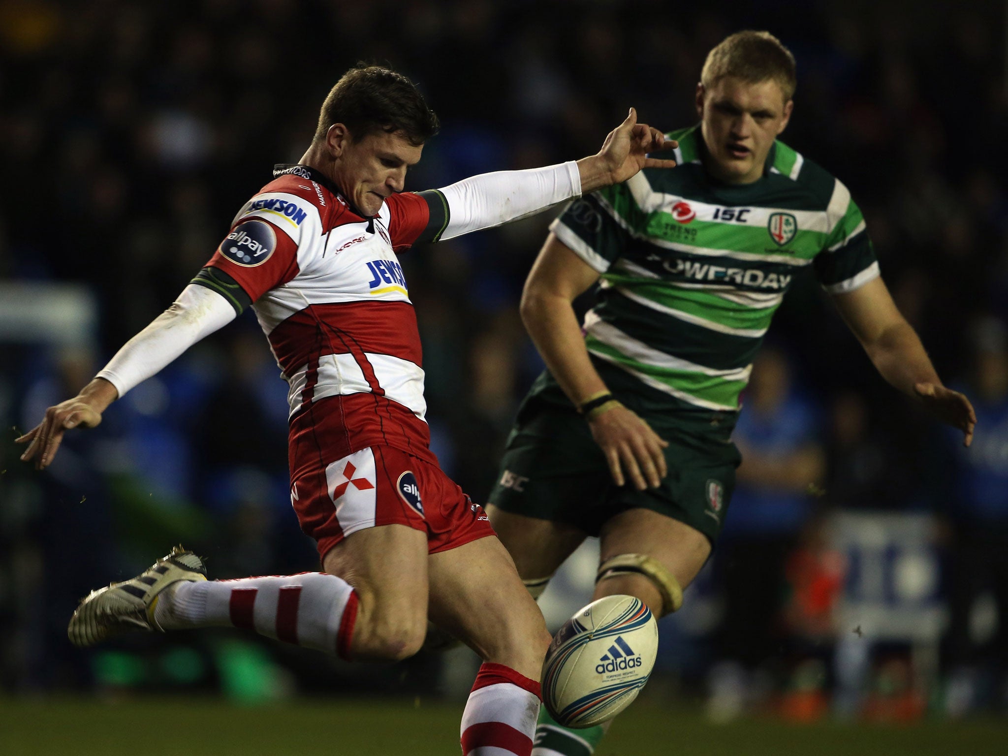 Putting the boot in: Gloucester’s Freddie Burns, who scored 24 of his side’s points, gets another kick away