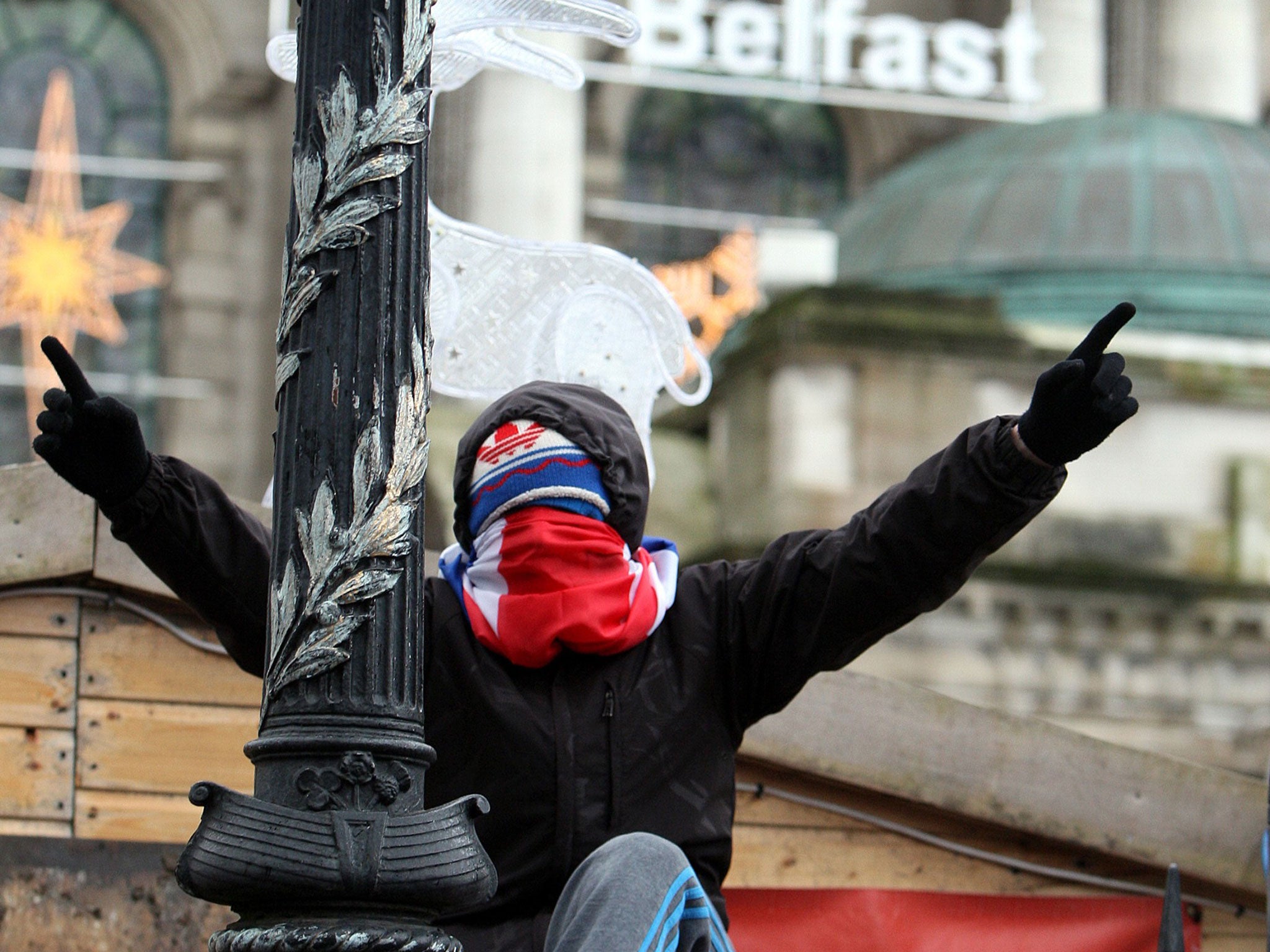 Belfast city centre: Loyalists protest at lowering Union Flag yesterday