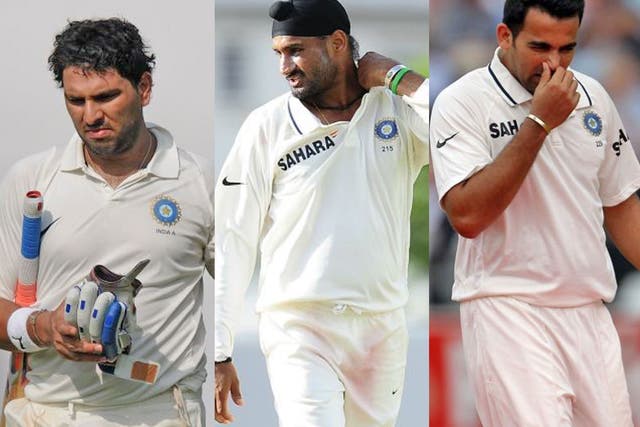 Yuvraj Singh (left), Harbhajan Singh and Zaheer Khan have been axed for the final Test in Nagpur