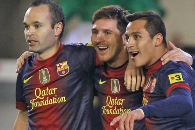 Lionel Messi (centre) celebrates breaking Gerd Müller’s record