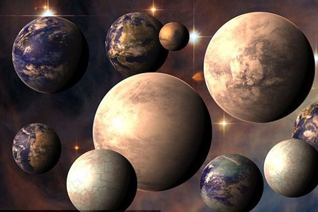 A collage of computer generated images of potentially habitable worlds made to celebrate the first year of the Planetary Habitability Laboratory's Habitable Exoplanets Catalog