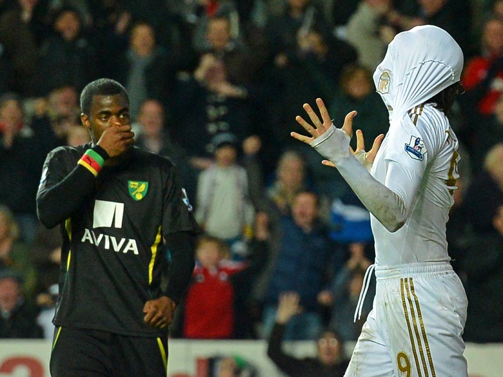 Sebastien Bassong of Norwich looks on as Swansea striker Michu celebrates a goal