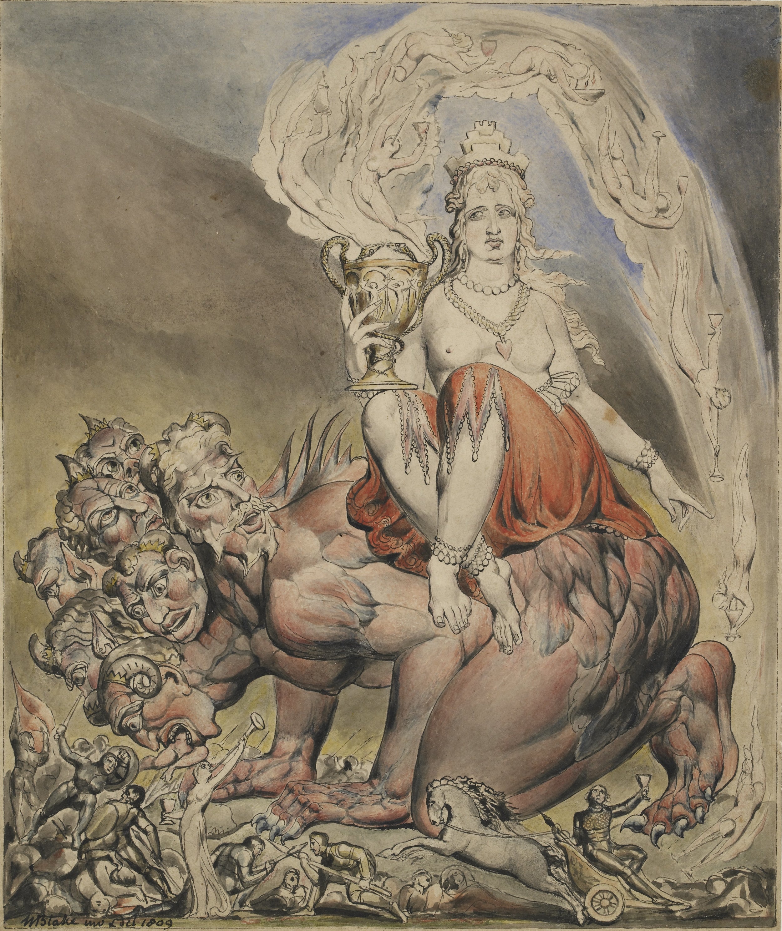 William Blake, The Whore of Babylon, 1809, Pen and black ink and water colours, 266 x 223 mm