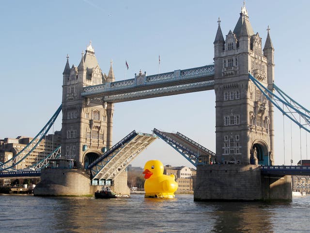 A giant 50 foot rubber duck floats down the Thames to celebrate the launch of Jackpotjoy.com's new Facebook Fundation