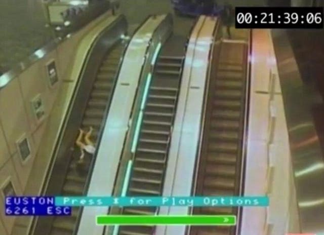 In one clip titled 'the reverse plank' a woman in a miniskirt slips over at Euston station, jamming her high heels into an escalator which then carries her upside down all the way to the top.