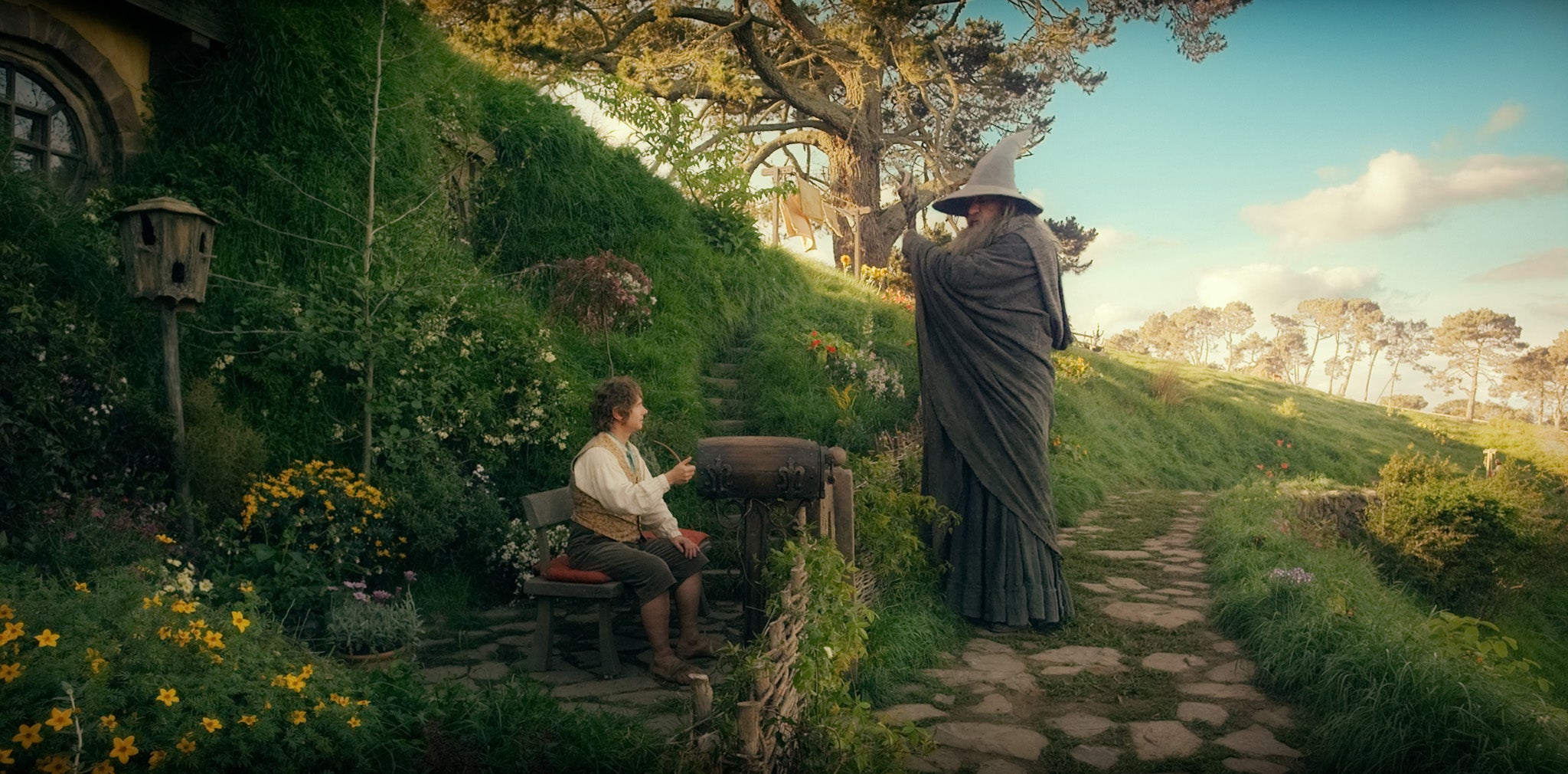 Martin Freeman as Bilbo Baggins and Ian McKellen as Gandalf in the fantasy adventure The Hobbit: An Unexpected Journey