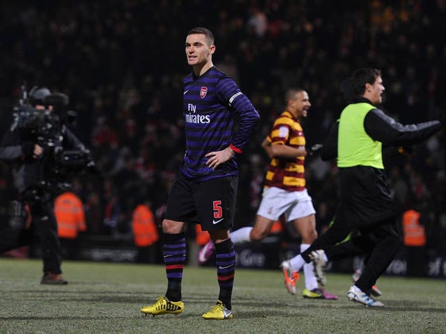<b>Quarter-final, 2012, Bradford 1 Arsenal 1 (Bradford won 3-2 on penalties)</b><br/>

When Arsenal equalised through Thomas Vermaelen in the 88th minute it appeared as though Garry Thompson's first half strike would be remembered as little more than a scare for the Premier League side. Yet the Gunners, fielding a strong side, were unable to grab a second in extra-time and the match went to penalties. Spot-kicks were being missed all over the place with Santi Cazorla seeing his effort saved and Marouane Chamakh hitting the post. However, League Two Bradford kept things interesting with Ritchie Jones and Stephen Darby failing to convert their efforts. Up stepped Vermaelen to take the final pen - needing to score. The ball was to ping back out off the post.