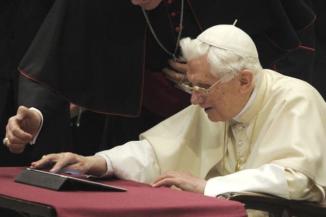 Pope Benedict XVI for the first time publishes a post on the social platform service Twitter 