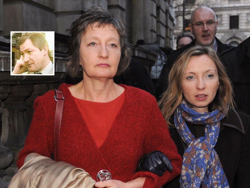Pat Finucane's widow Geraldine arrives with her daughter Katherine at the Houses of Parliament in central London to read the review of the report into the loyalist murder of Belfast solicitor Pat Finucane (inset)