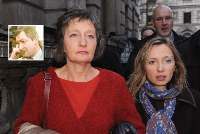 Pat Finucane's widow Geraldine arrives with her daughter Katherine at the Houses of Parliament in central London to read the review of the report into the loyalist murder of Belfast solicitor Pat Finucane (inset)