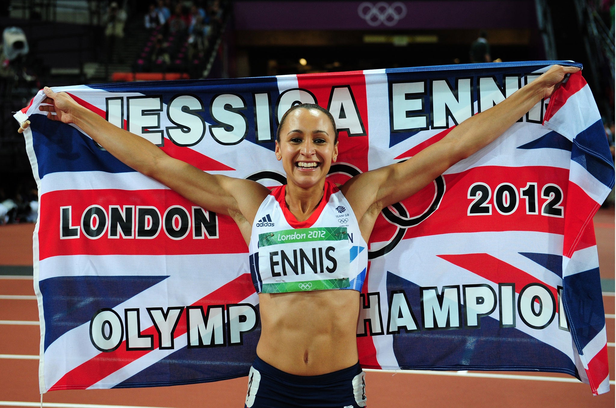 Jessica Ennis of Great Britain celebrates winning gold in the Women's Heptathlon at Olympic Stadium on August 4, 2012.