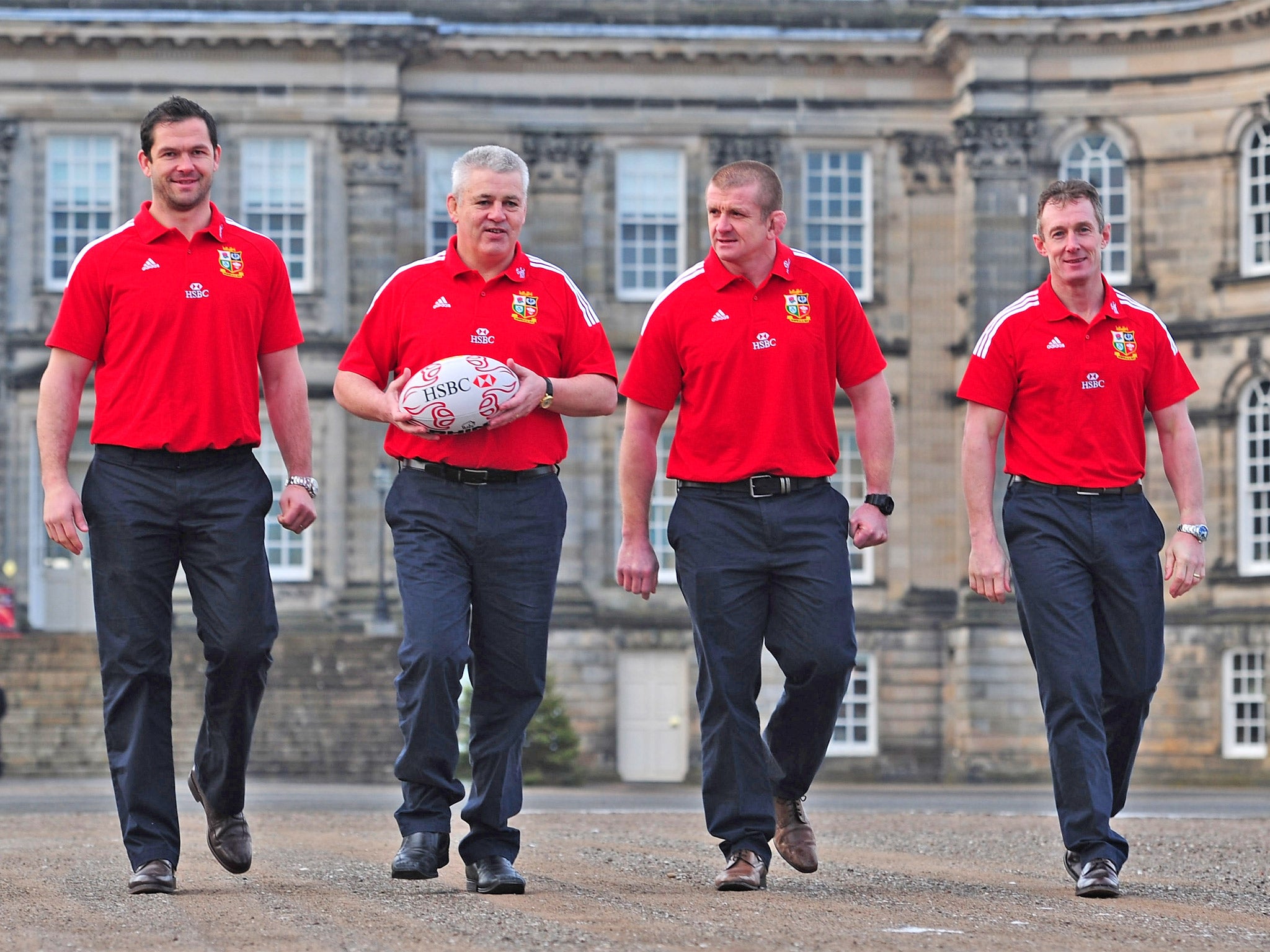 The head coach for the British and Irish Lions’ tour of Australia next year, Warren Gatland (second right) with the coaching team he announced yesterday, (from left) Andy Farrell, Graham Rowntree and Rob Howley