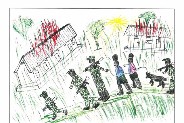 'Children draw like this when they are distressed. Look at the way the grass, and the flames from the roof of the school, have been done in such harsh vertical lines. They have been scored in quite a violent action. It's almost certainly a representation of their distress. Note that, as the captives are roped and led away, even the dog has been taken'