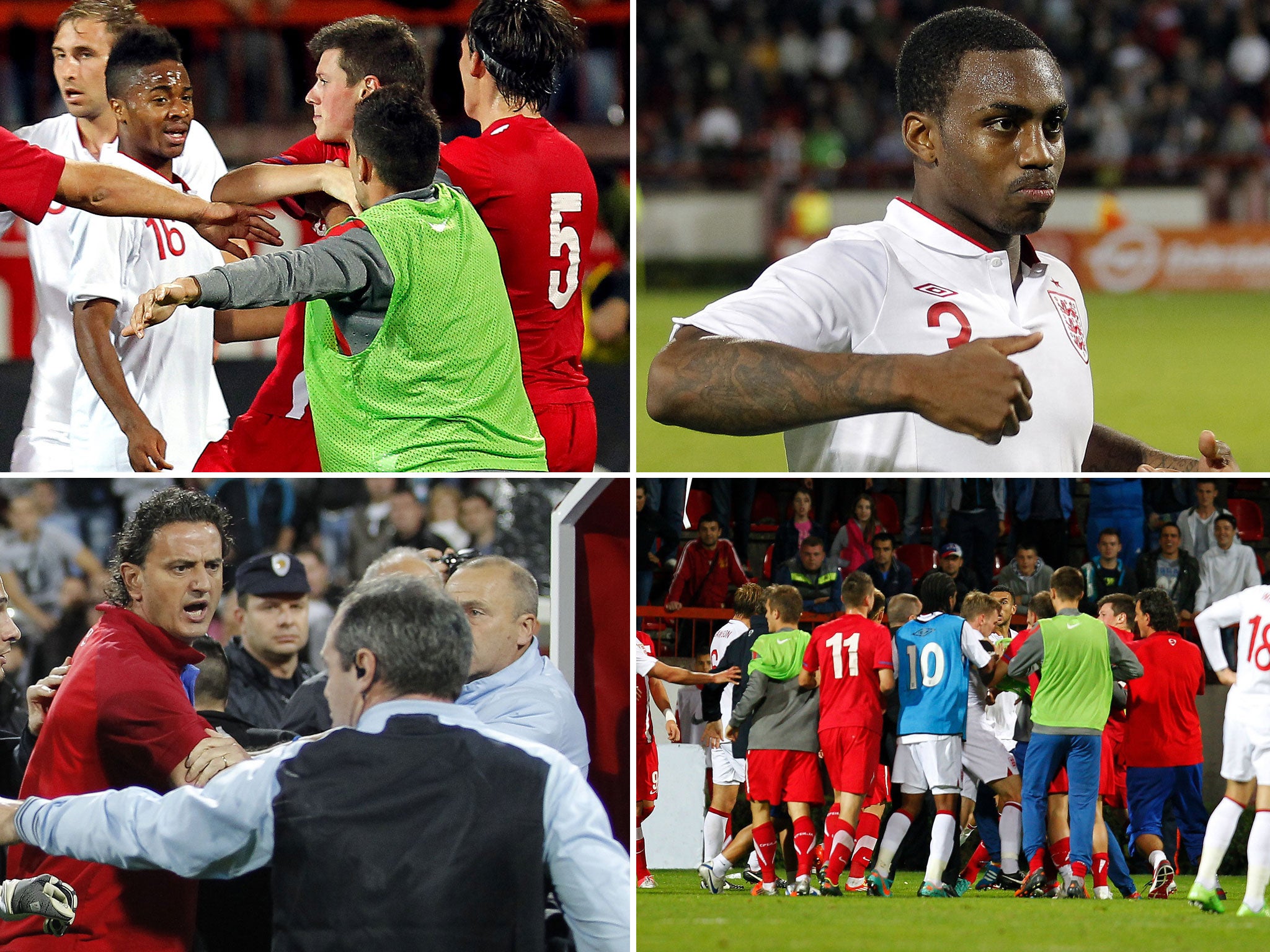 Clockwise from top left: Raheem Sterling amid the fracas, Danny Rose mimics the fans' taunts, the squad players enter the fray and Serbian assistant coach Dejan Govedarica struggles to separate his players