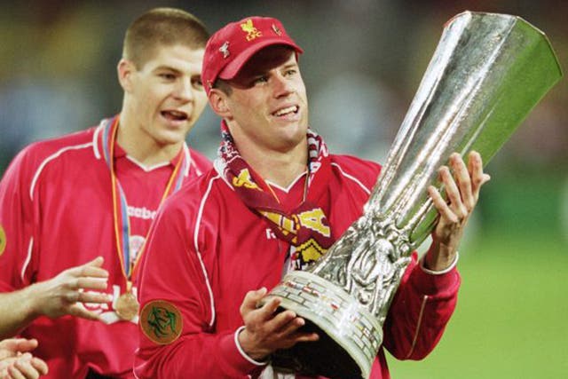Liverpool’s Jamie Carragher, with Steven Gerrard in the background, after winning the Uefa Cup in 2001 