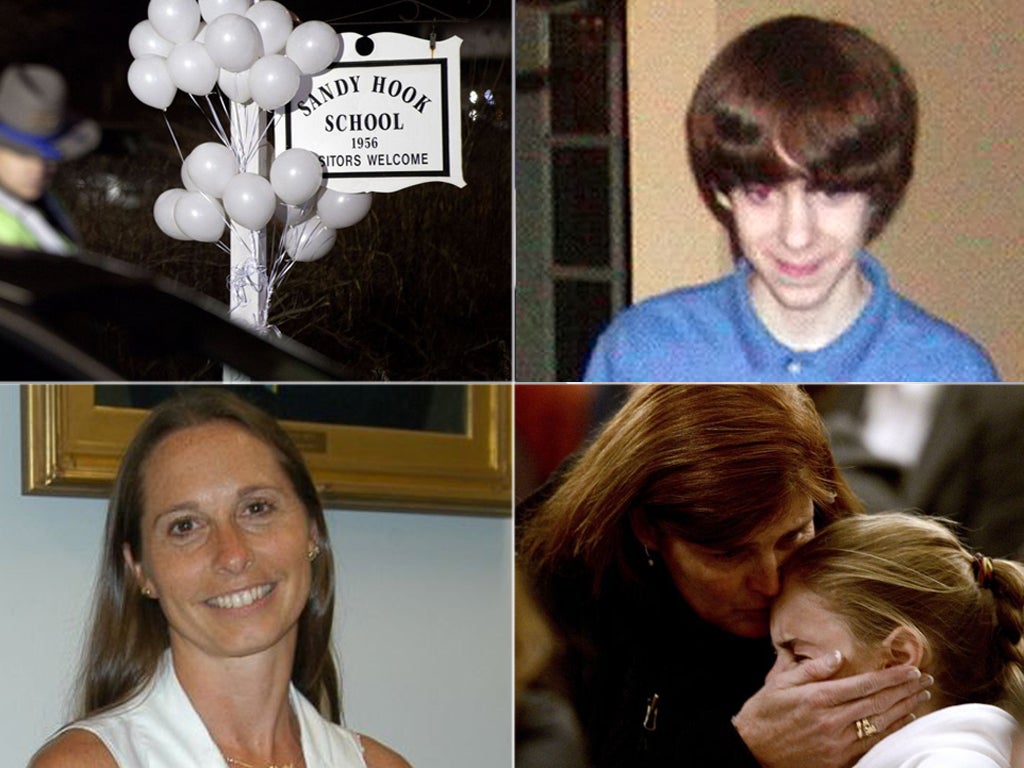 Clockwise from top right: White balloons decorate the sign for the Sandy Hook Elementary School, alleged gunman Adam Lanza, a woman comforts a young girl during a vigil service and Sandy Hook principal Dawn Lafferty Hochsprung, who was killed in the shoot