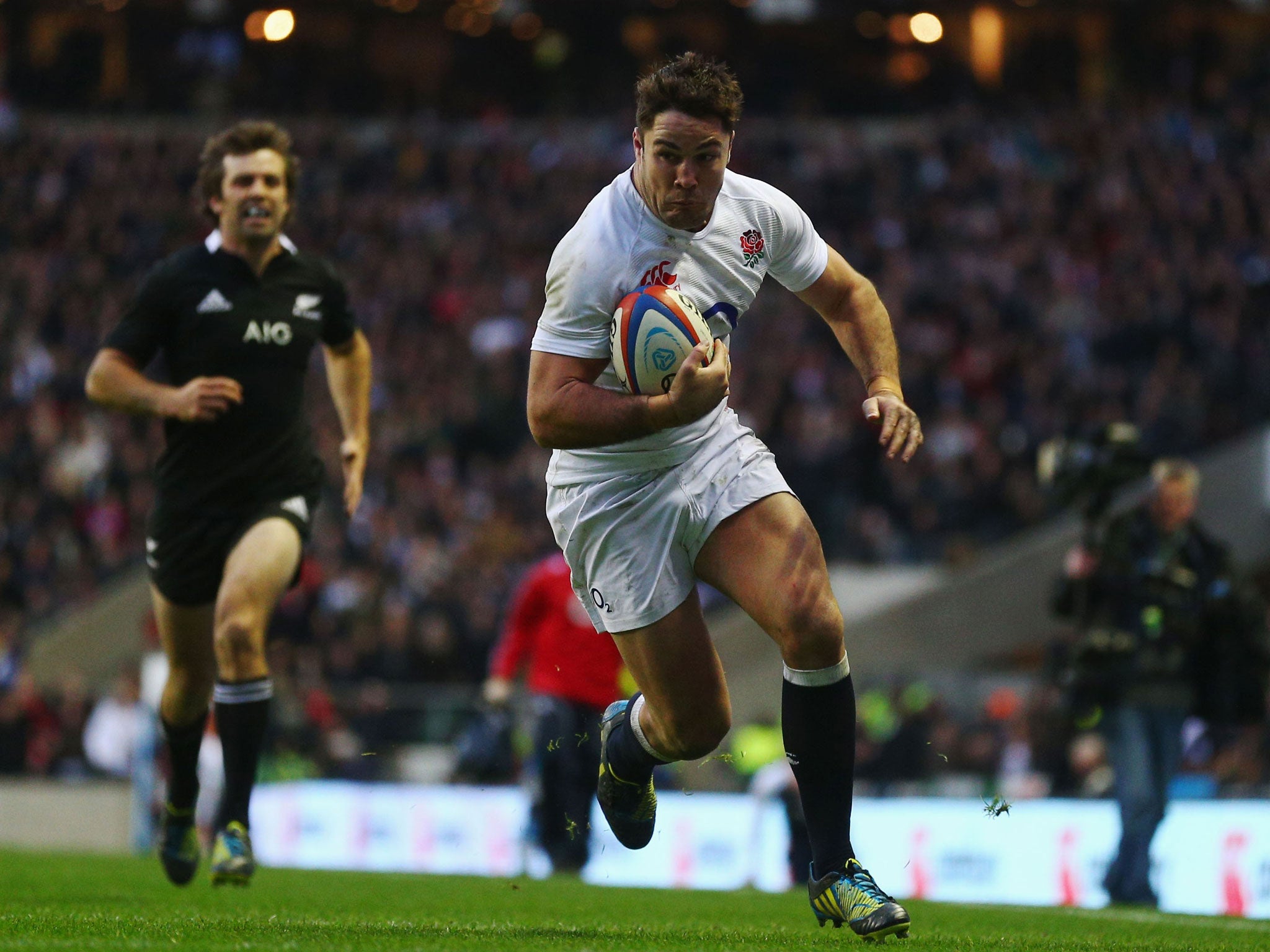 Good times and Brad: Barritt races through a gap to score against the All Blacks, the greatest moment of his career