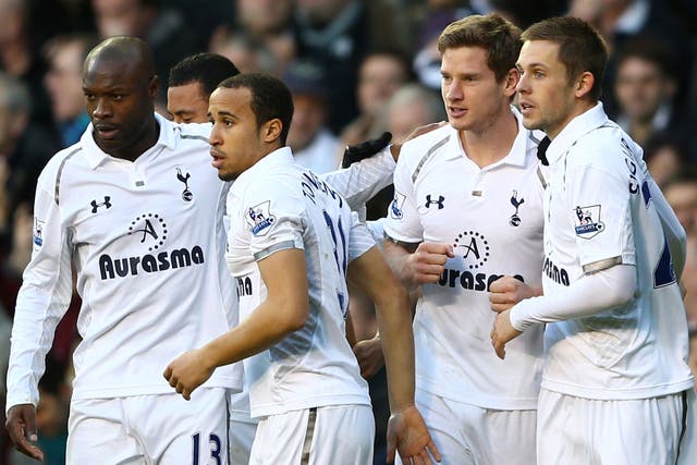 Jan Vertonghen (third from left) celebrates his winning goal for Tottenham