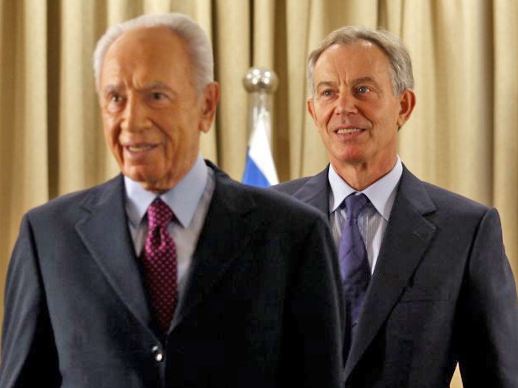 The Israeli President, Shimon Peres, with Tony Blair last month