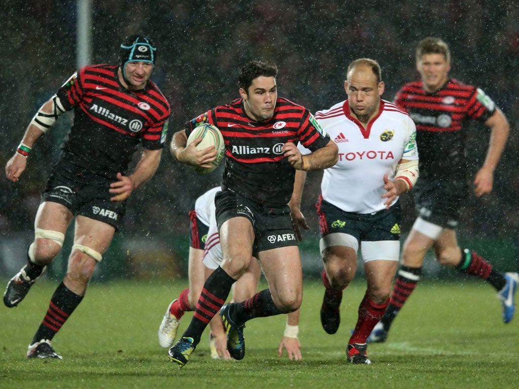 Saracens’ Brad Barritt on the charge at Vicarage Road yesterday