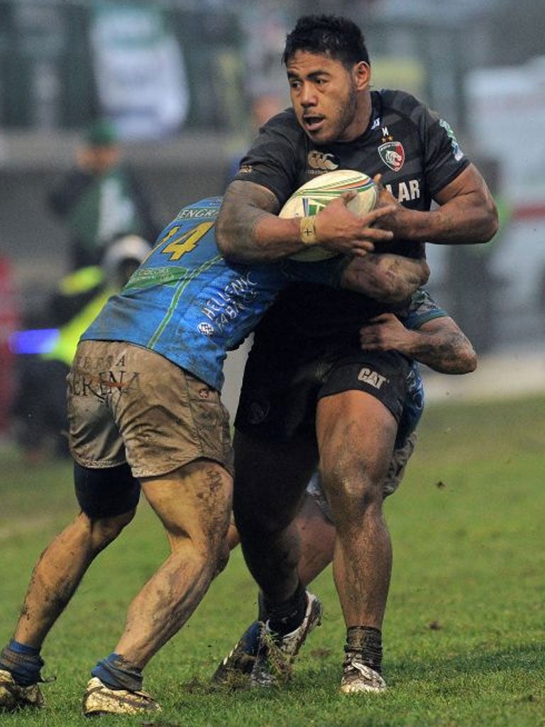 Leicester’s Manu Tuilagi tries to break through against Treviso