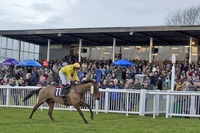Seymour Eric passes the winning post in Hereford’s last race at the course’s final meeting yesterday