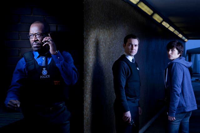Publicity image for Line of Duty: DCI Tony Gates (Lennie James), DS Steve Arnott (Martin Compston), Detective Constable Kate Fleming (Vicky McClure)
