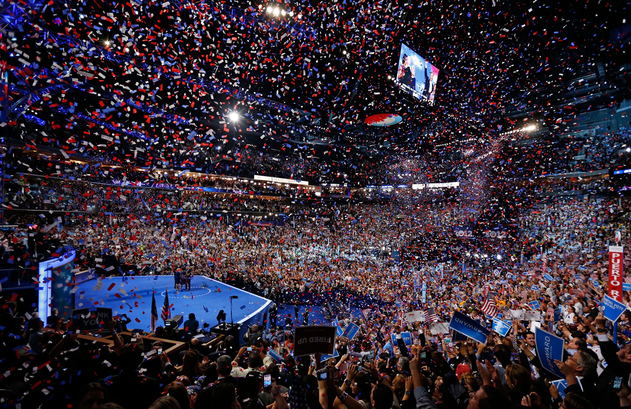 Barack Obama and Joe Biden and their families at the conclusion of the Democratic National Convention