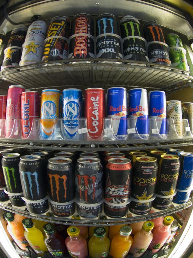 Cans of energy drinks are displayed in a store in California. The kick from caffeine has a growing number of consumers jumping into energy drinks-soft drinks spiked with nutritional aids and stimulants despite warnings from health professionals. 
