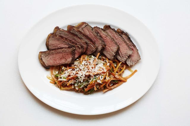 Herb-roasted sirloin with carrot and horseradish salad