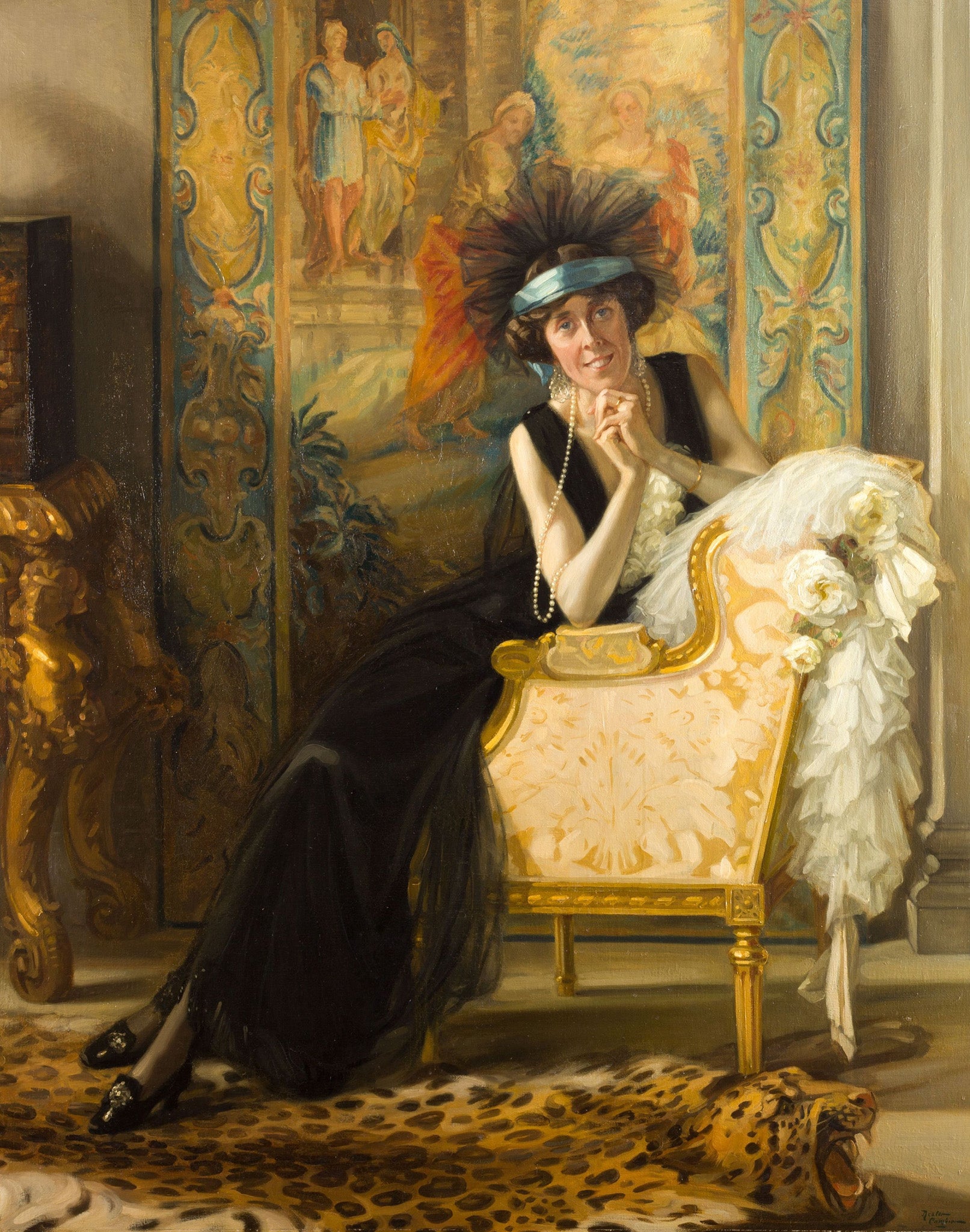 Nestor Cambier (1879 - 1957), 'Portrait of Lady Barber seated by a Leapard-skin Rug', c. 1923