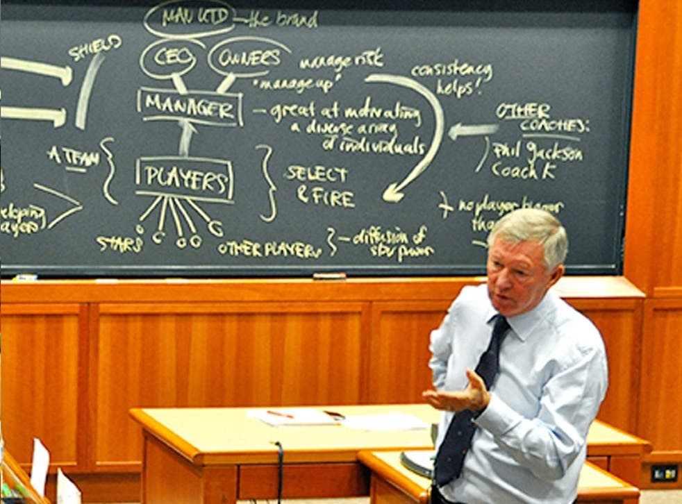 Sir Alex Ferguson gives his lecture to students at Harvard University