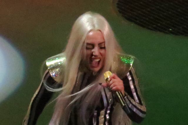 Lady Gaga performing with the Rolling Stones