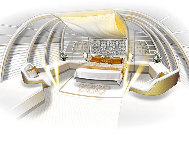 Private quarters: Four luxury family and VIP suites and a prayer room that generates virtual prayer mats facing Mecca