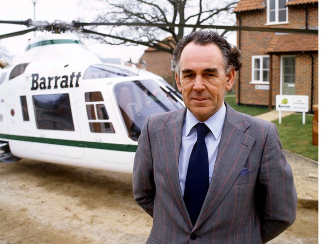 Barratt in 1996 with one of the company helicopters that famously featured in television commercials