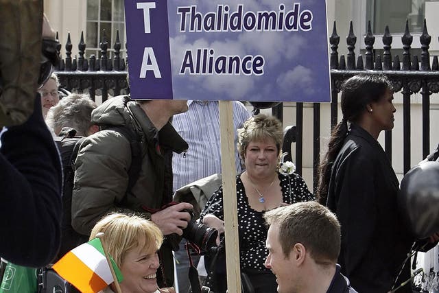The International Contergan Thalidomide Alliance attends a protest outside the German embassy in London in 2008