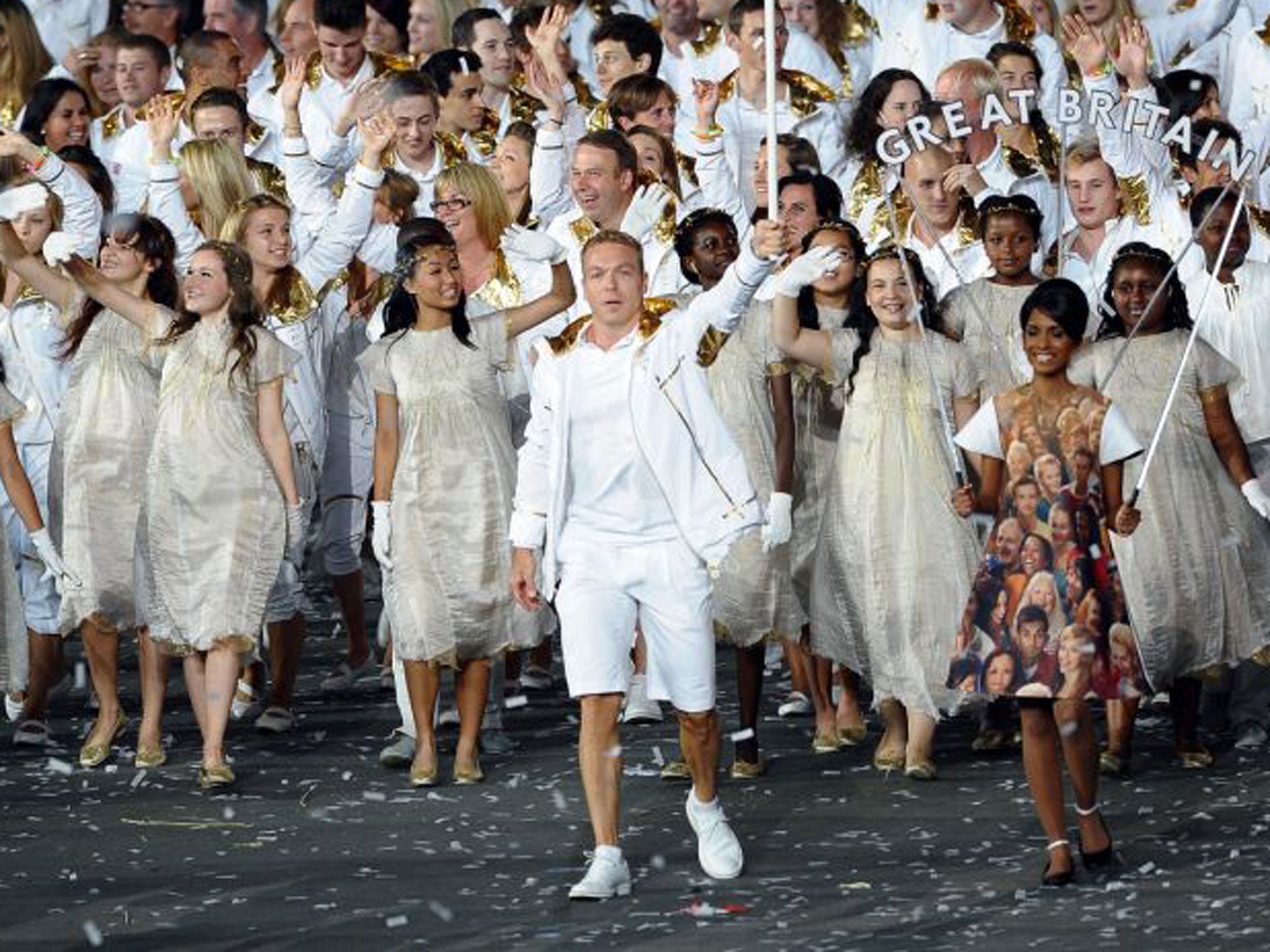 Sir Chris Hoy leads out Britain’s Olympic team at the opening ceremony