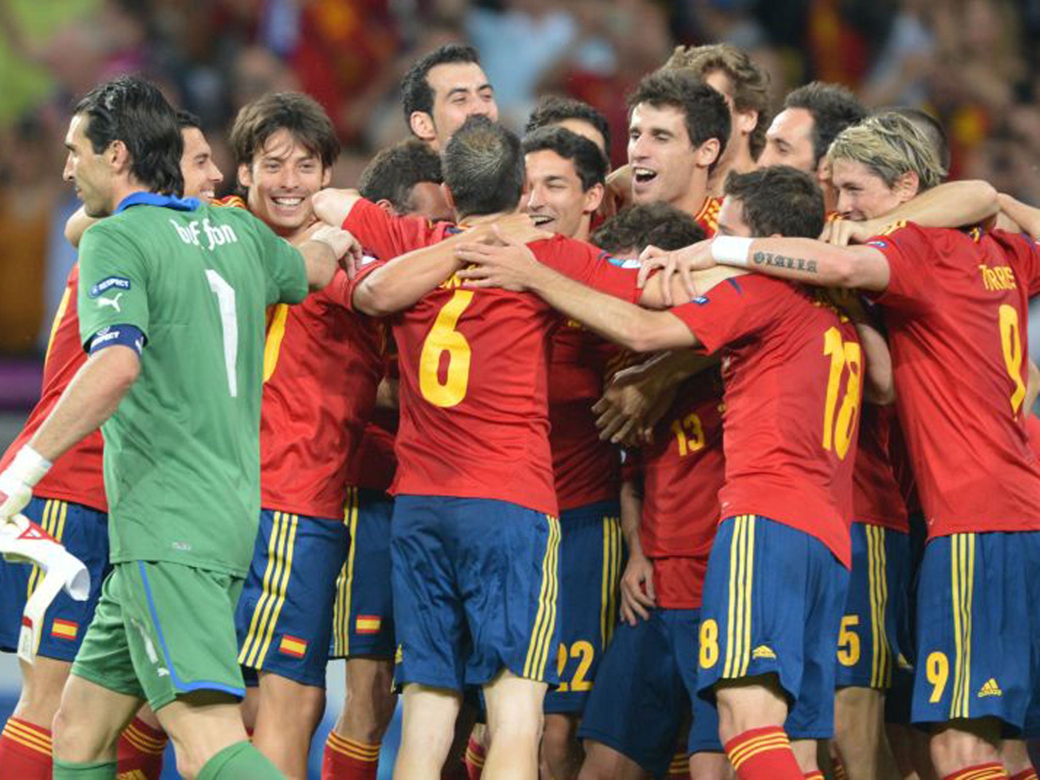 The Spain players after their 4-0 win over Italy in the European Championship final in Kiev in July