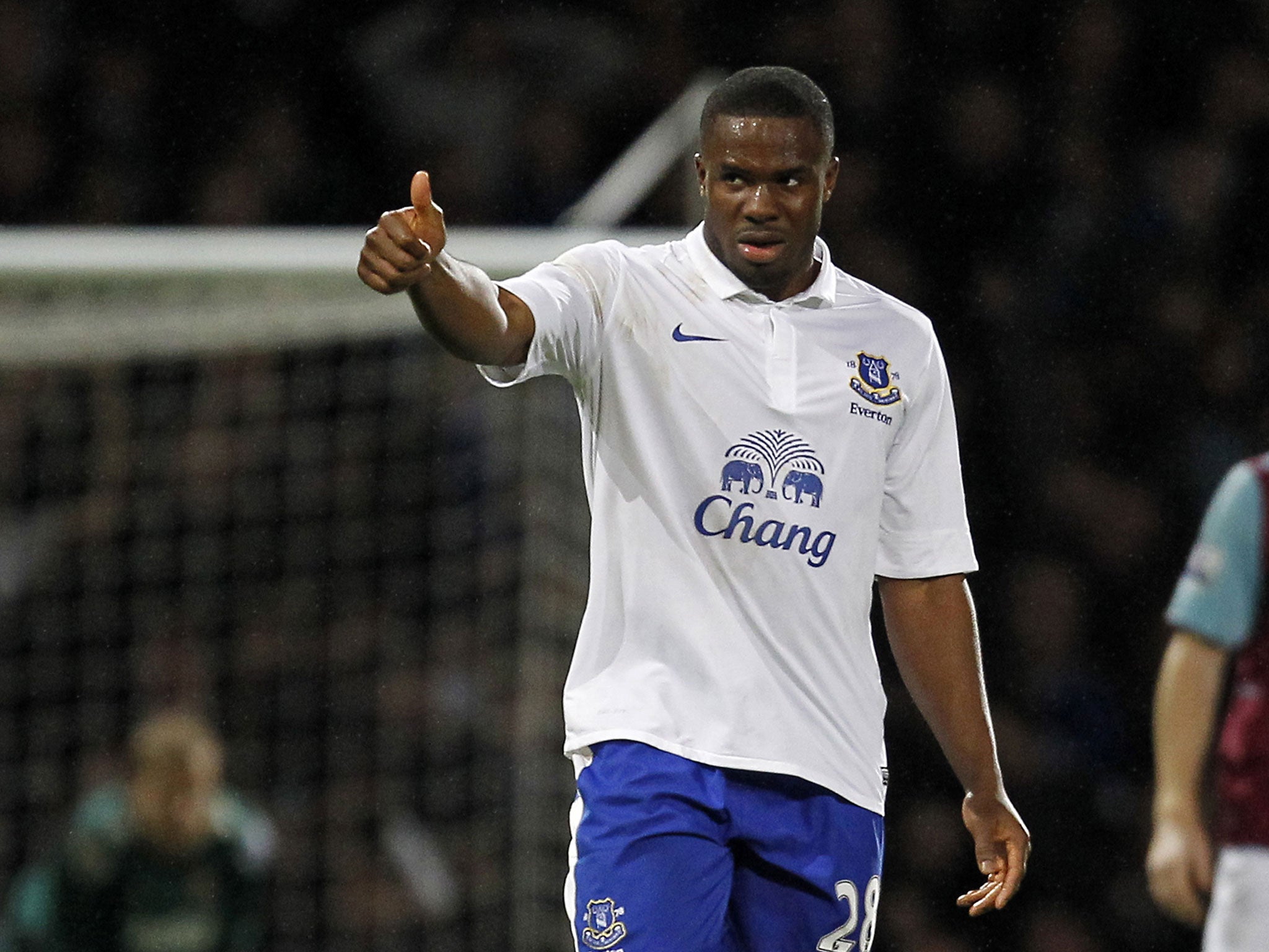 Everton's Nigerian striker Victor Anichebe celebrates scoring Everton's second goal