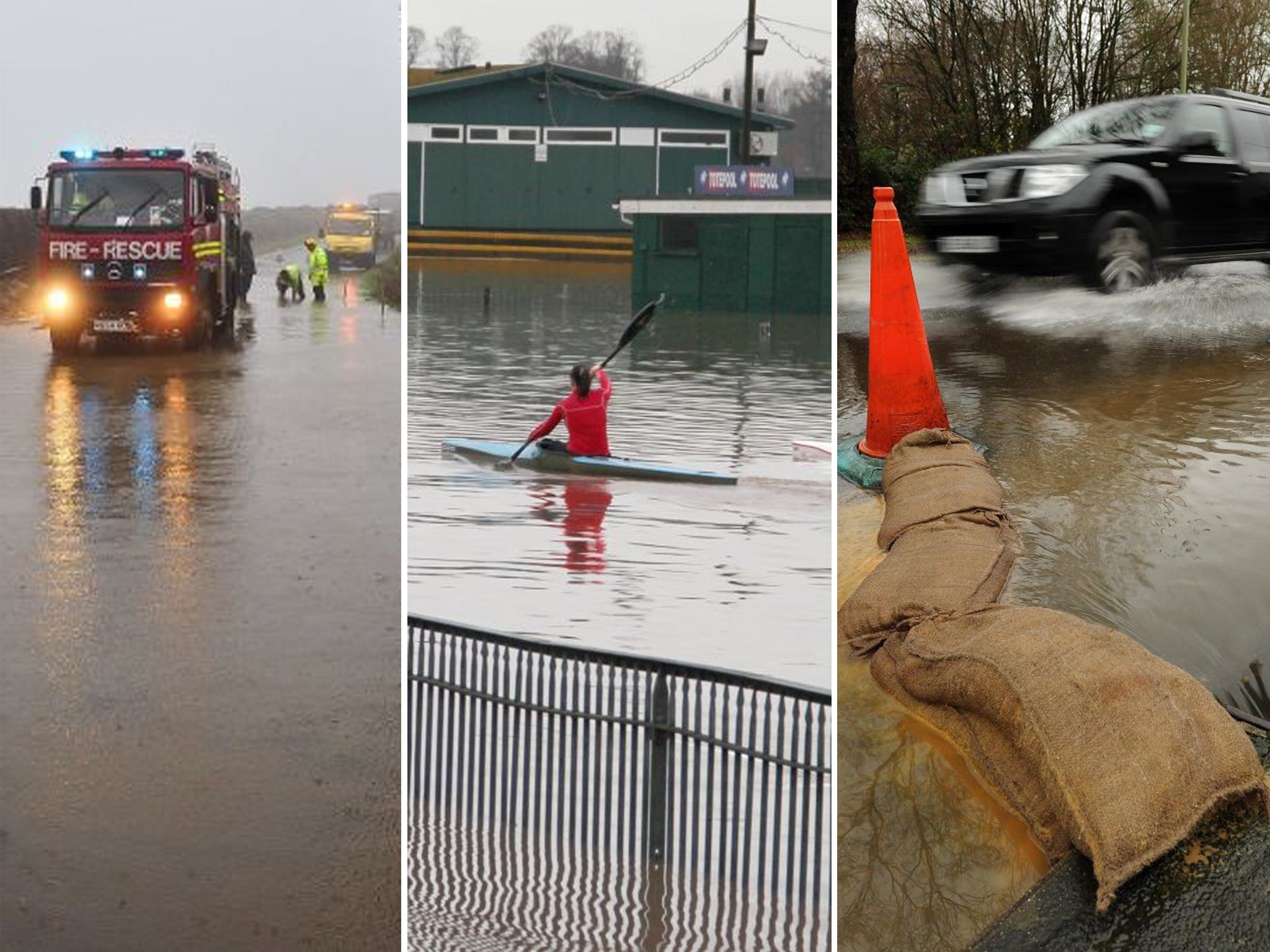 Fire and Rescue services work to clear a section of the A399 in North Devon, kayakers train on a flooded Worcester Racecourse and a vehicle makes its way through flood water on Calmore Road in Totton, Hampshire