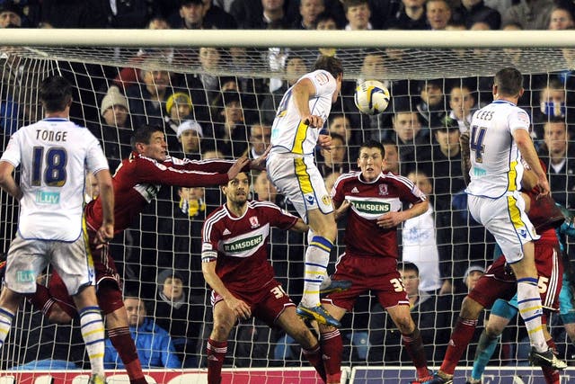 On the rise: Luciano Becchio nods in Leeds’ second to hit the club’s top 10