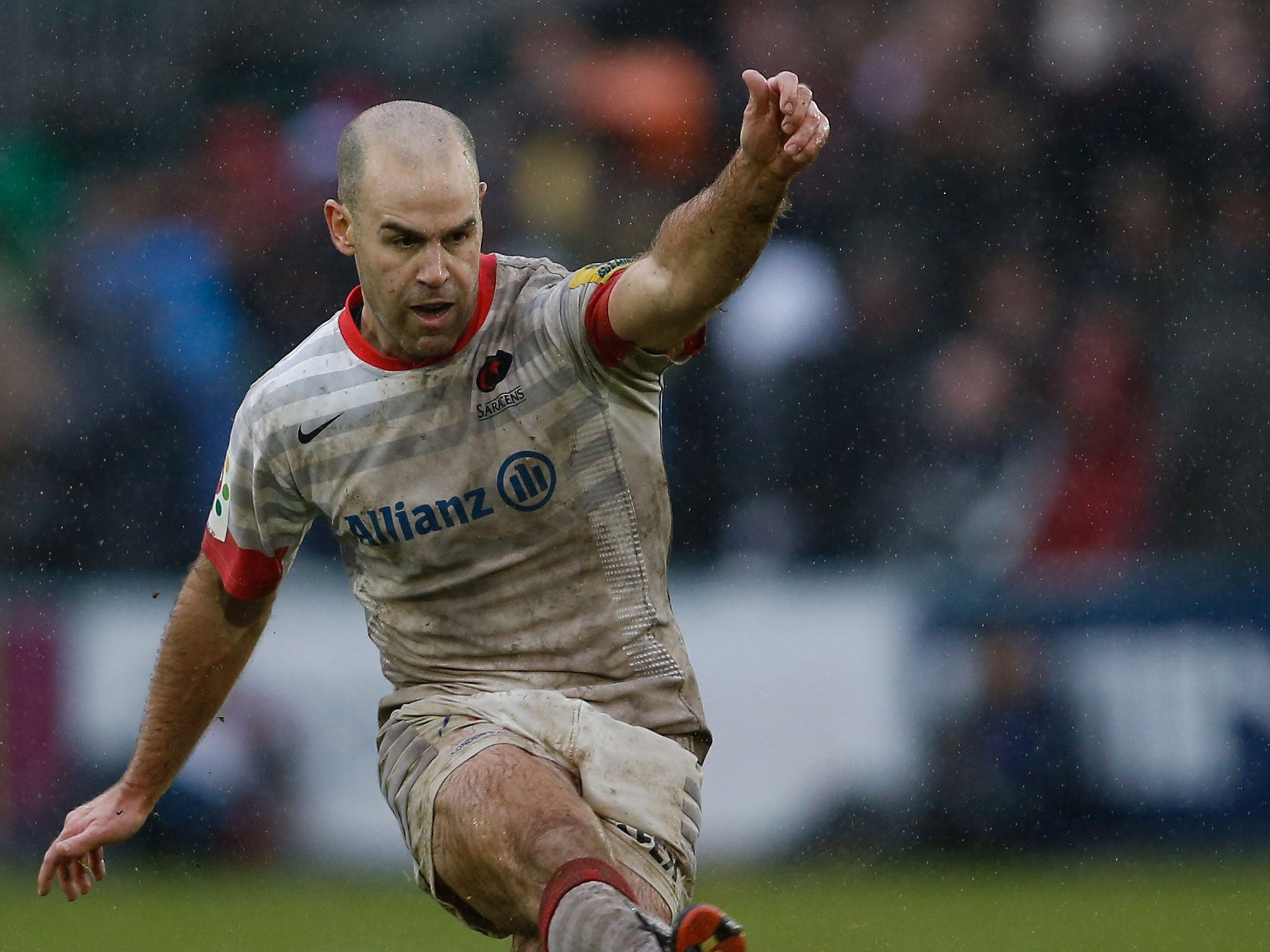 In the swing: Charlie Hodgson of Sarries kicks on his way to 17 points