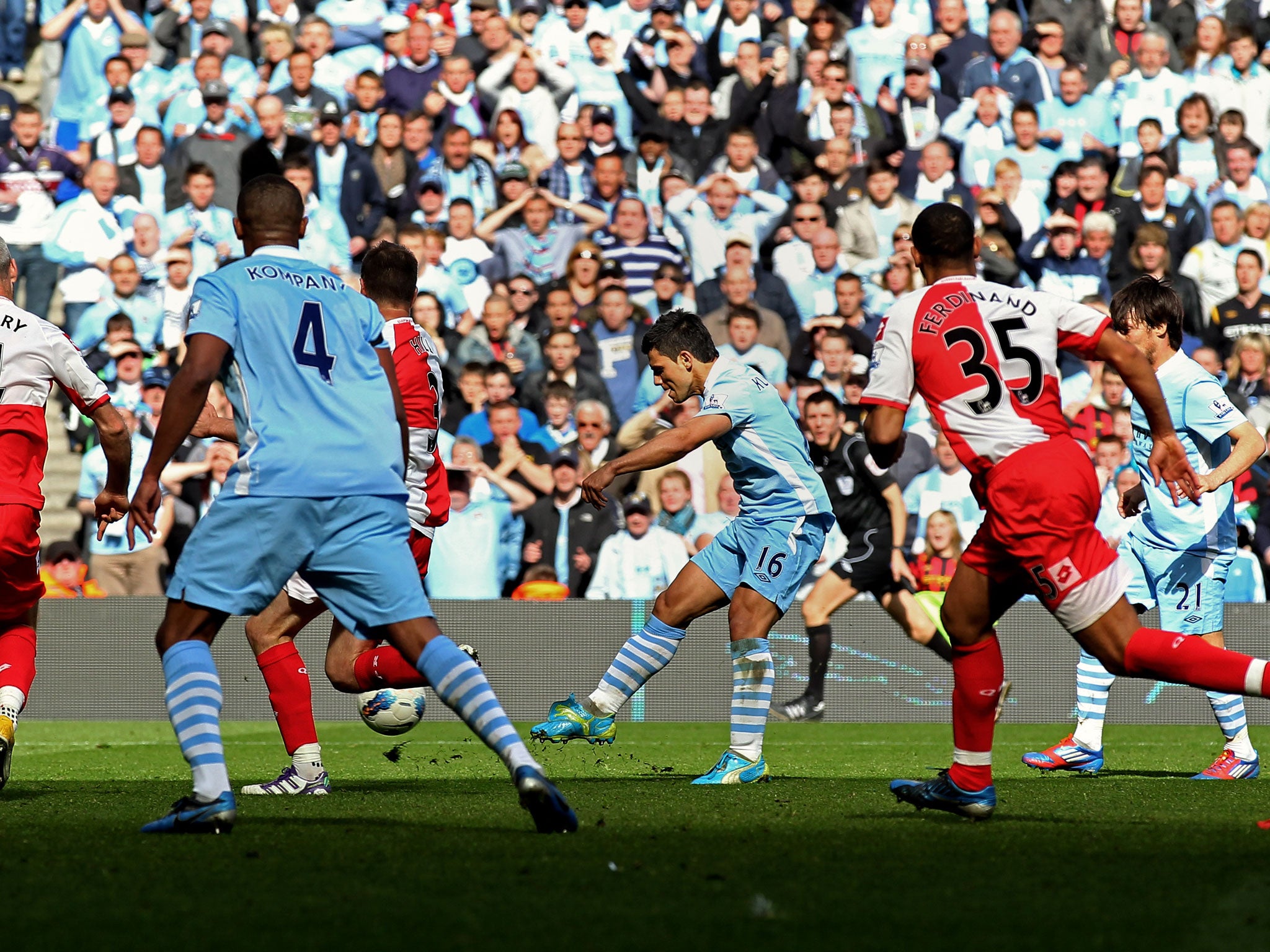 Sergio Aguero, Manchester City v QPR, May, selected by Ian Herbert Sergio Aguero's title-winning strike in May. Nothing can come close for an example of grace under pressure. The boy has ice in his veins.
