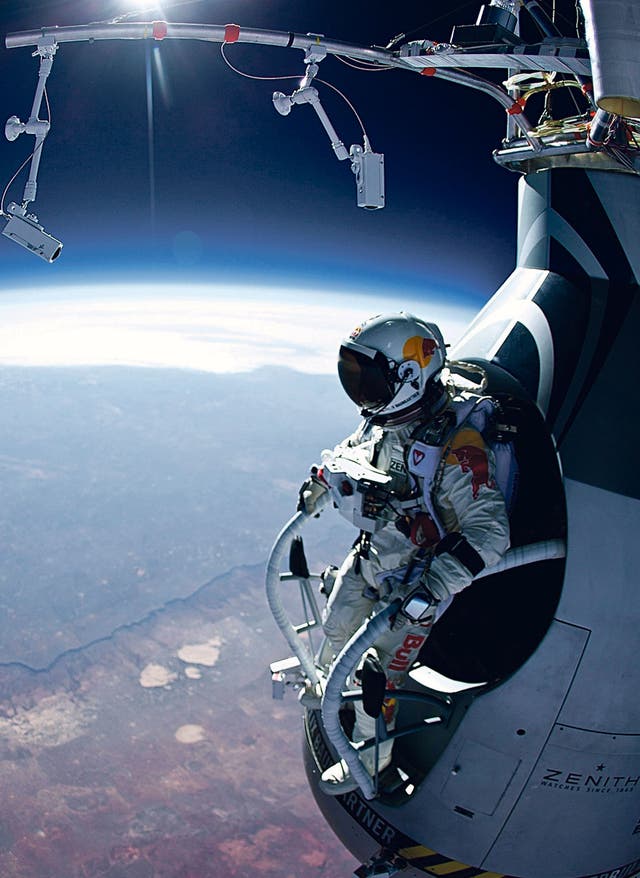 Austrian skydiver Felix Baumgartner when he jumped out of his Red Bull Stratos  helium-filled balloon on 14 October 2012