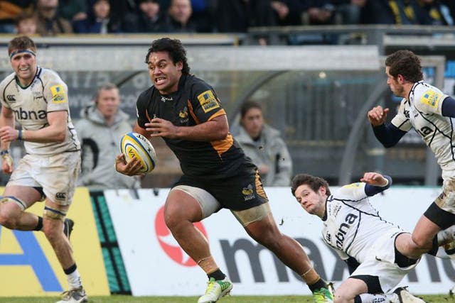Wasps’ No 8 Billy Vunipola goes on the charge during the win over Sale at Adams Park yesterday